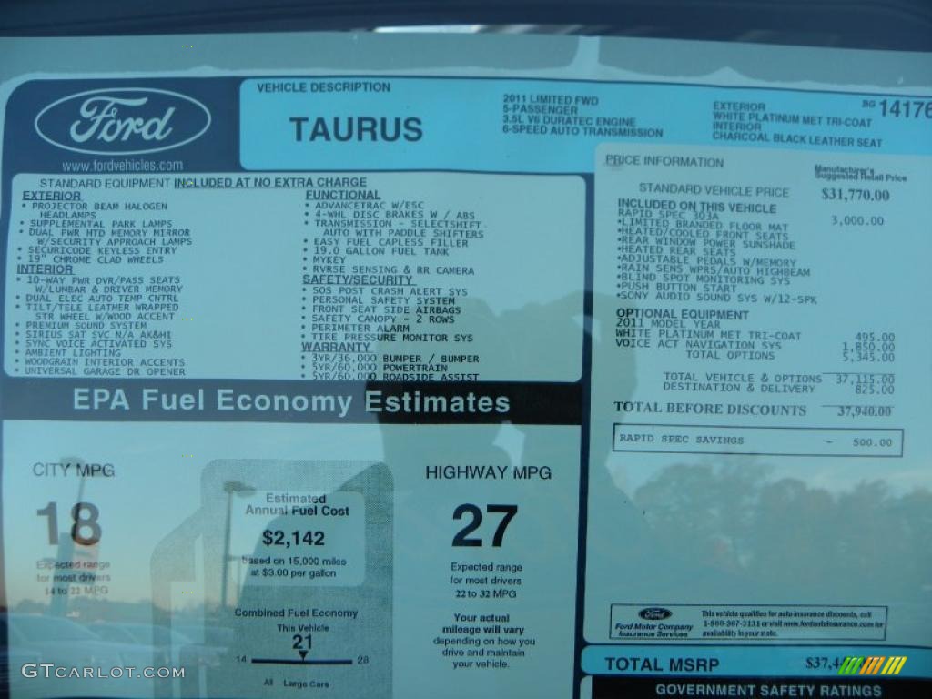 2011 Ford Taurus Limited Window Sticker Photo #39842369