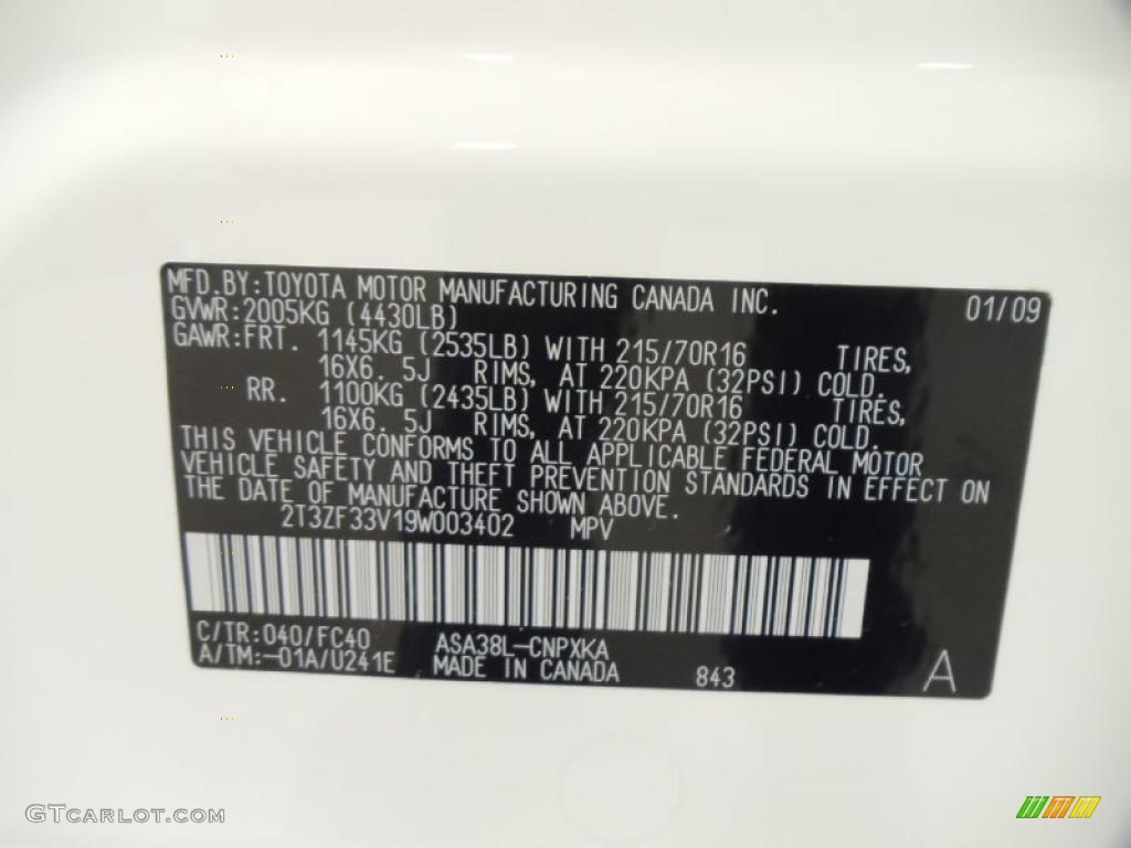 2009 RAV4 Color Code 040 for Super White Photo #39857610