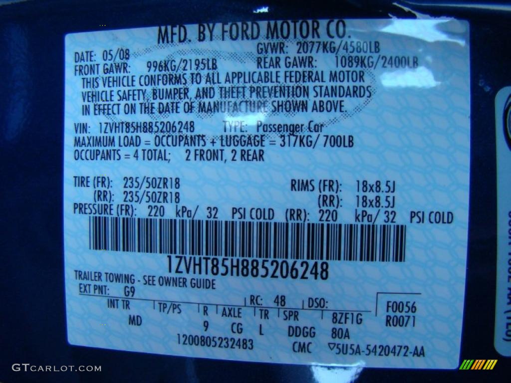2008 Mustang Color Code G9 for Vista Blue Metallic Photo #39863307