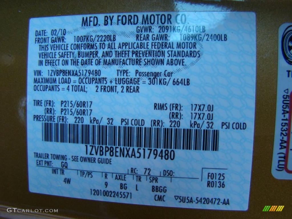 2010 Mustang Color Code GQ for Sunset Gold Metallic Photo #39863795