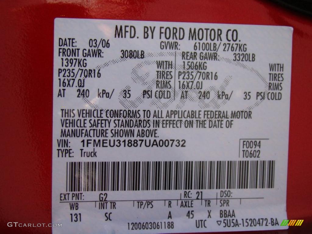 2007 Explorer Sport Trac Color Code G2 for Red Fire Photo #39883540