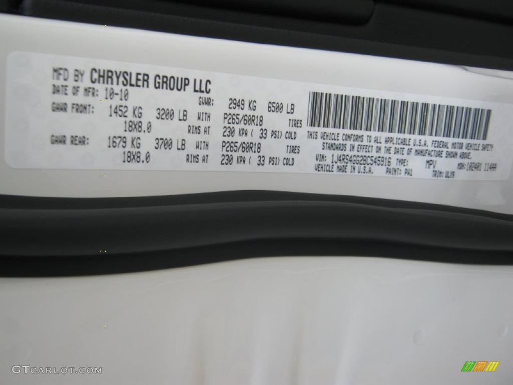 2011 Grand Cherokee Color Code PW1 for Stone White Photo #39899975