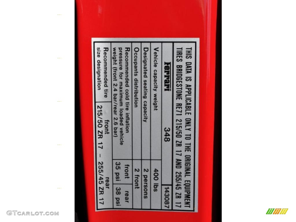 1992 Ferrari 348 TS Info Tag Photos