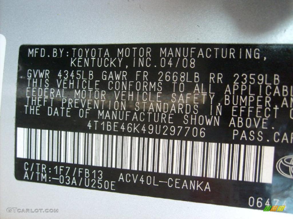 2009 Camry Color Code 1F7 for Classic Silver Metallic Photo #39905579