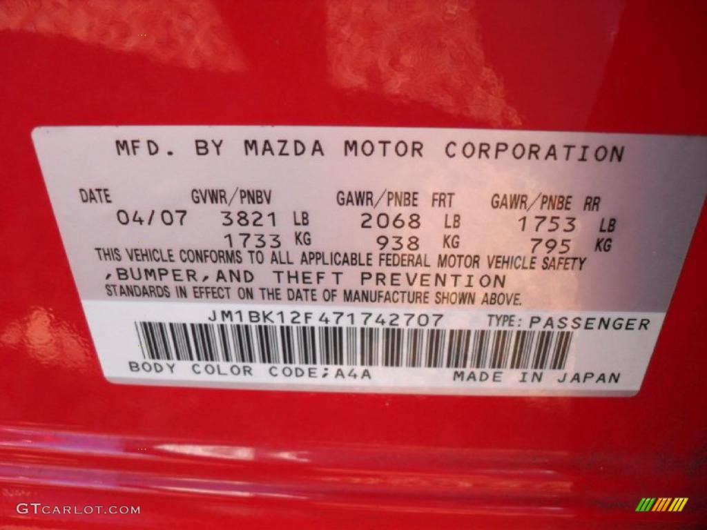 2007 MAZDA3 Color Code A4A for True Red Photo 39937160