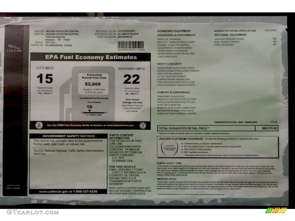2011 Jaguar XJ XJL Window Sticker Photo #39981316