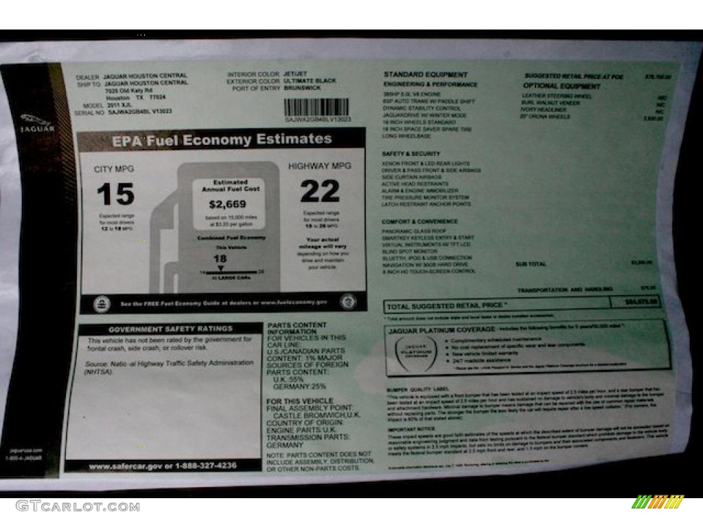 2011 Jaguar XJ XJL Window Sticker Photo #39981608