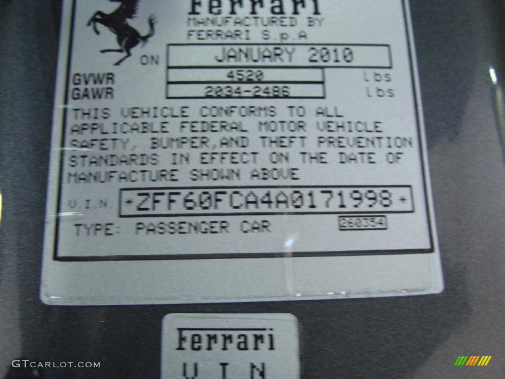 2010 Ferrari 599 GTB Fiorano 231 Info Tag Photo #40032986