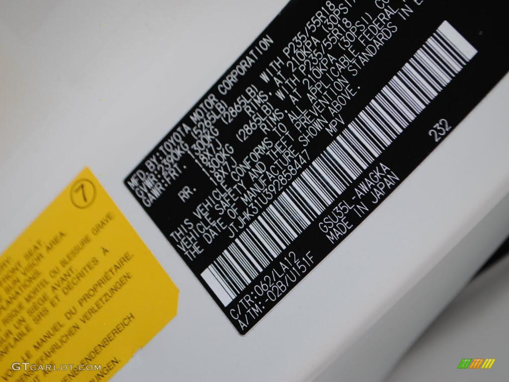 2009 RX Color Code 062 for Crystal White Mica Photo #40039070