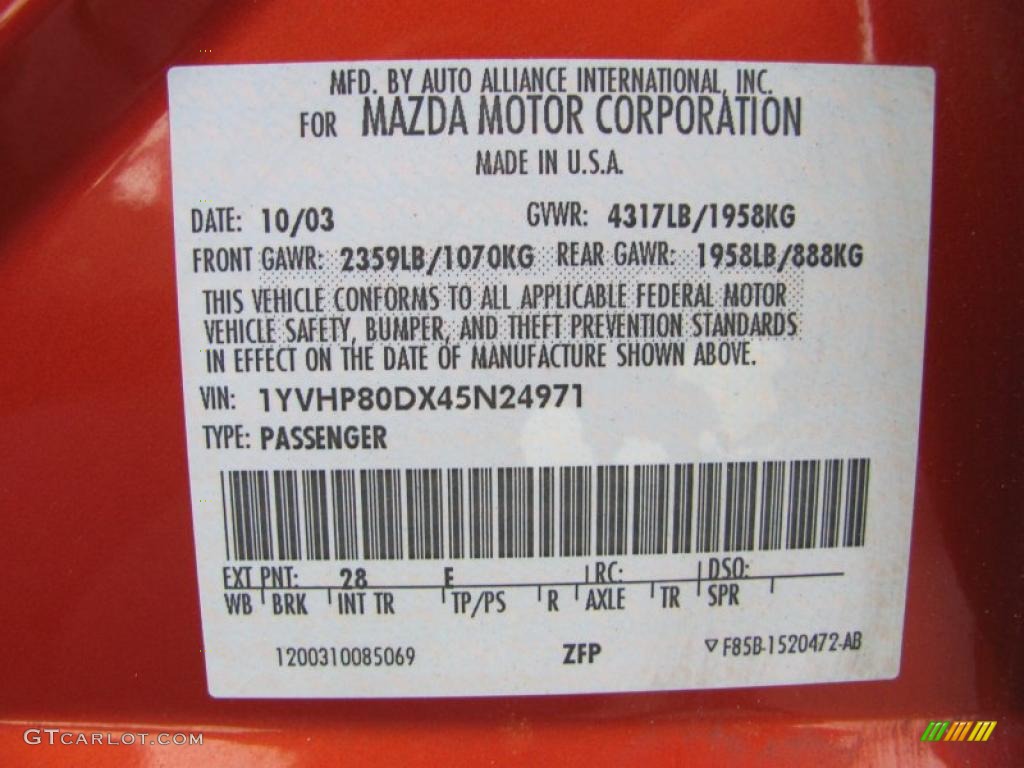2004 MAZDA6 Color Code 28 for Blazing Copper Metallic Photo #40054860