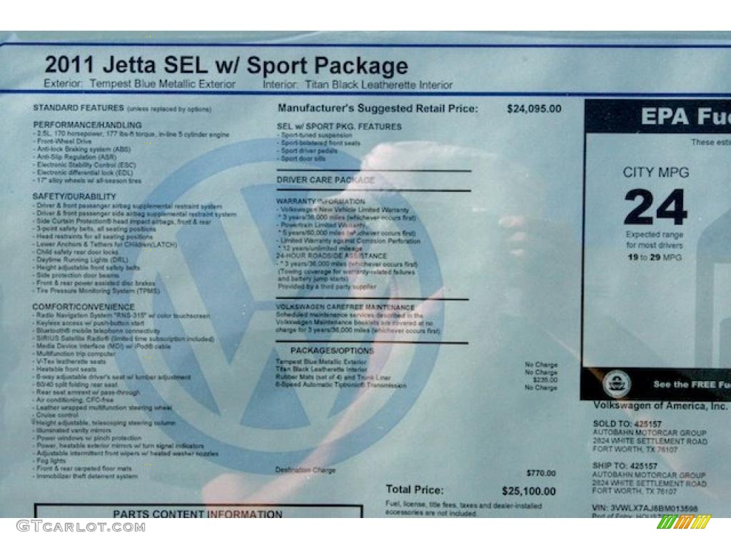 2011 Volkswagen Jetta SEL Sedan Window Sticker Photo #40059519