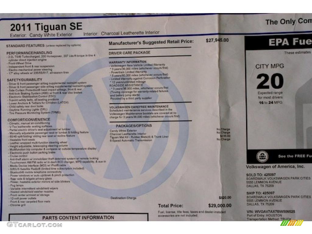 2011 Volkswagen Tiguan SE Window Sticker Photo #40059703