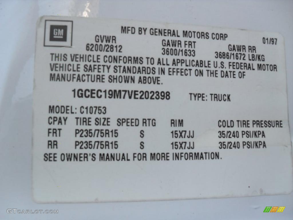 1997 Chevrolet C/K C1500 Silverado Extended Cab Info Tag Photo #40080007