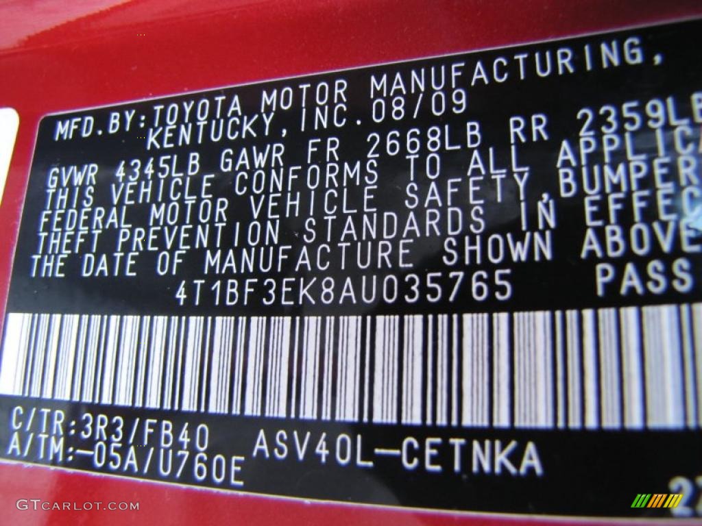 2010 Camry Color Code 3R3 for Barcelona Red Metallic Photo #40089415