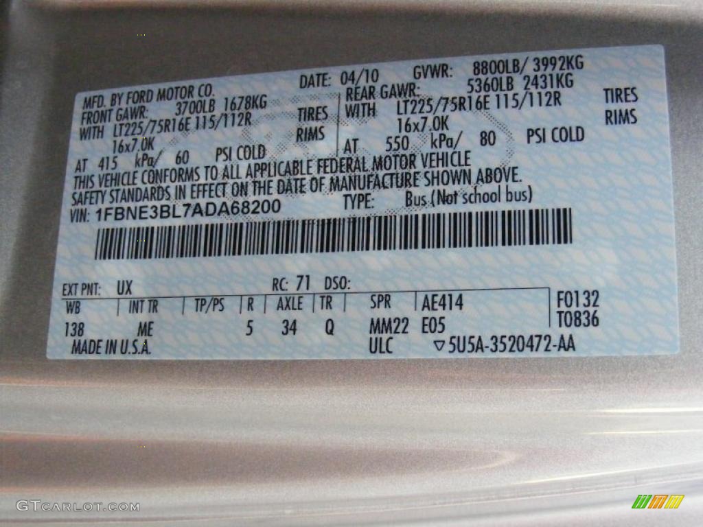 2010 E Series Van Color Code UX for Ingot Silver Metallic Photo #40093607