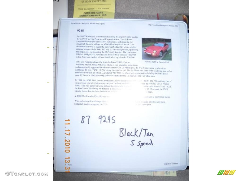 1987 Porsche 924 S Info Tag Photos