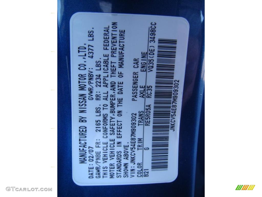 2007 G Color Code B21 for Athens Blue Pearl Metallic Photo #40115143