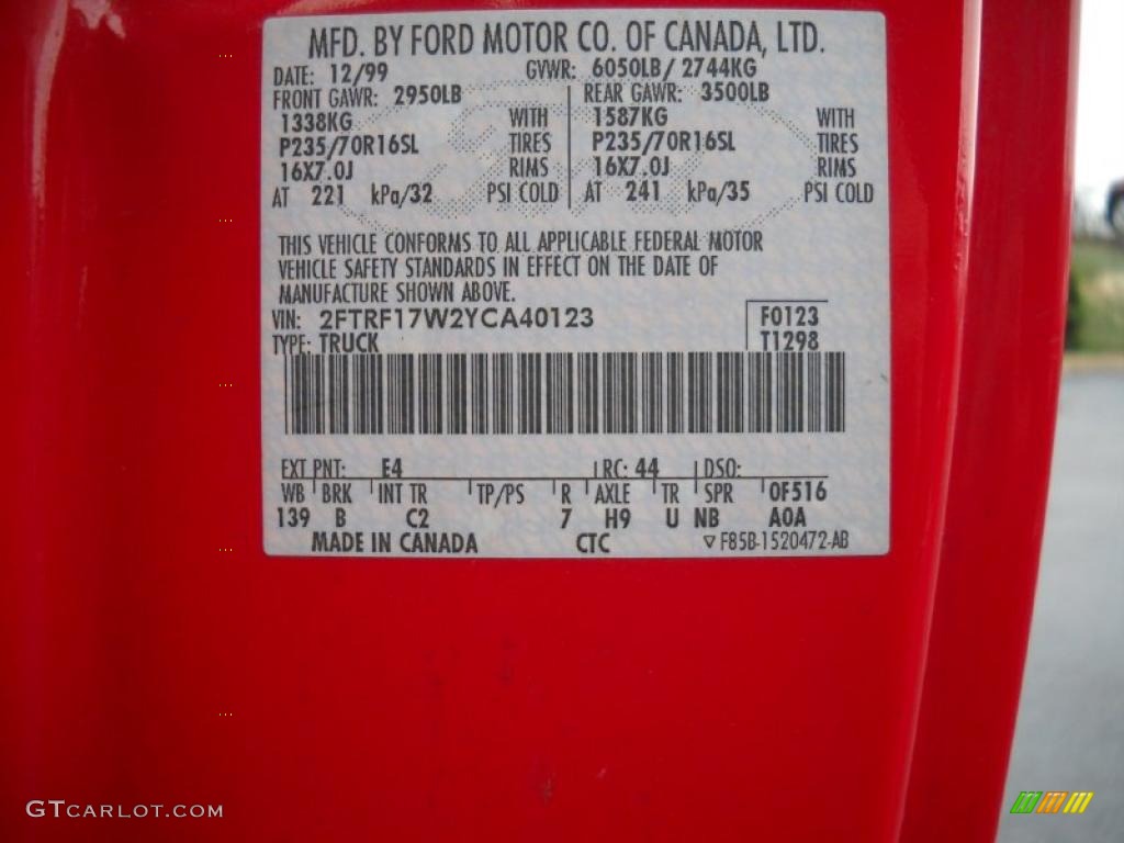 2000 Ford F150 XL Regular Cab Color Code Photos