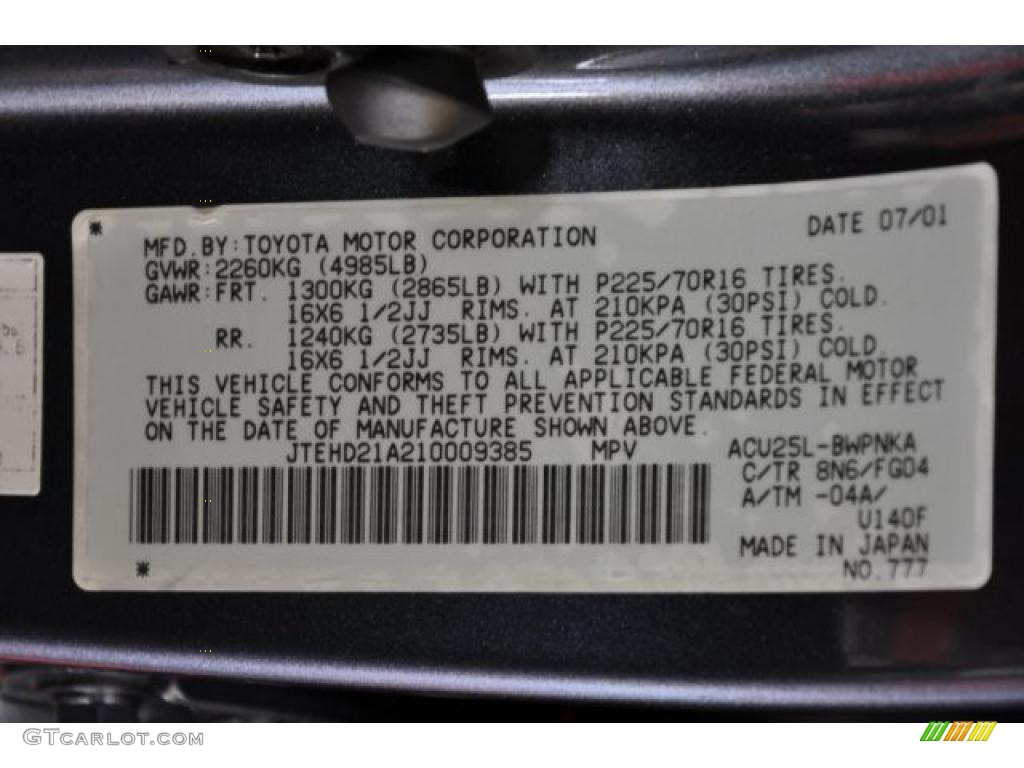2001 Highlander Color Code 8N6 for Bluestone Metallic Photo #40190255
