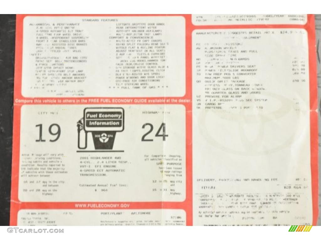 2001 Toyota Highlander 4WD Window Sticker Photos