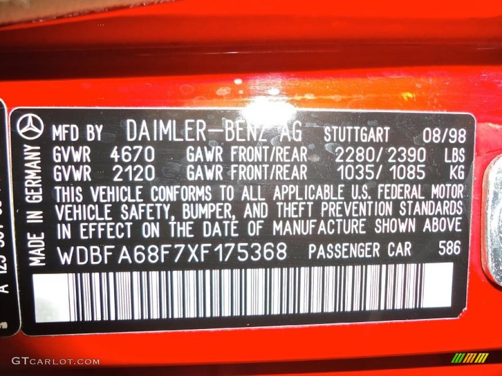1999 Mercedes-Benz SL 500 Sport Roadster Info Tag Photos