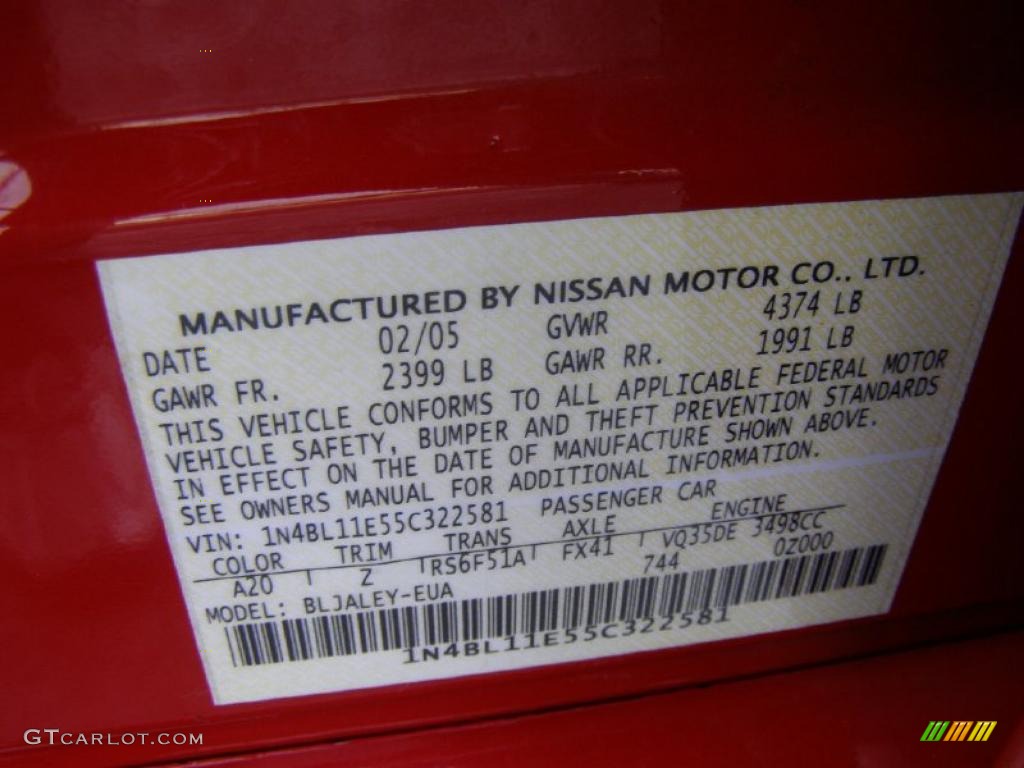 2005 Nissan Altima 3.5 SE-R Info Tag Photo #40196743