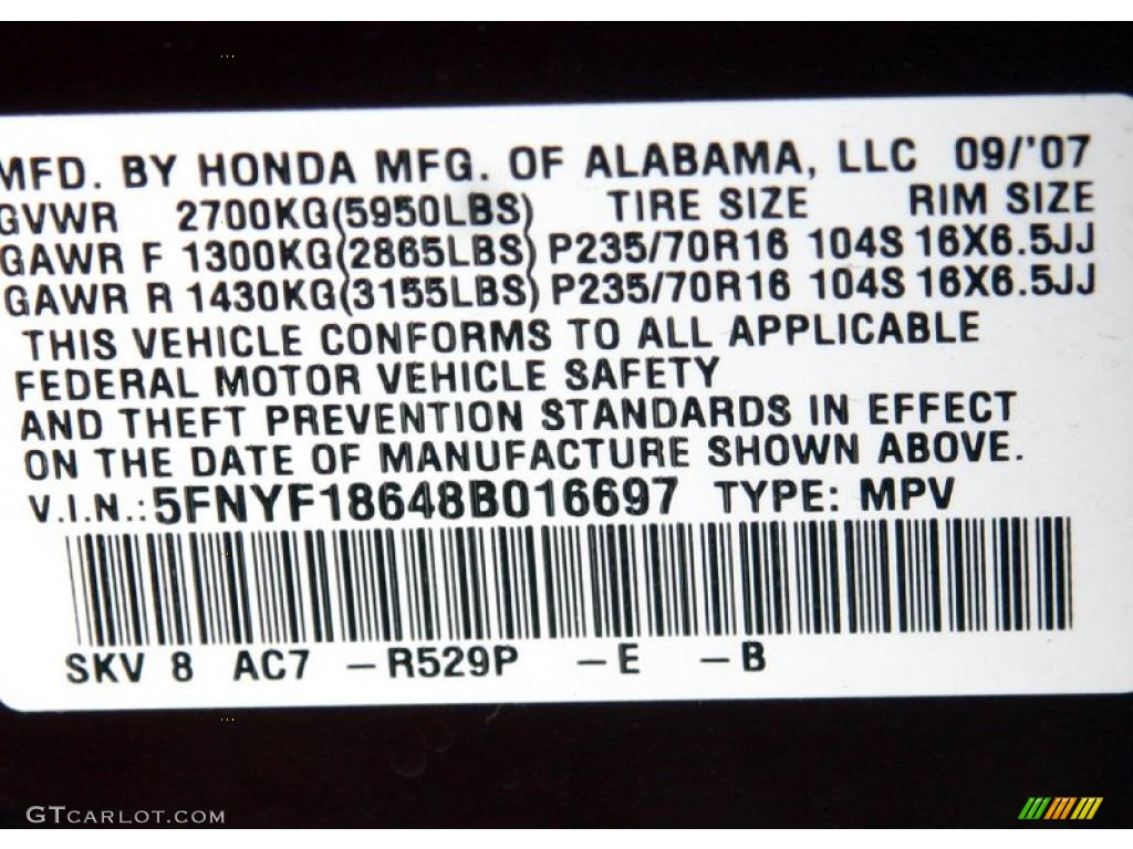 2008 Pilot Color Code R529P for Dark Cherry Pearl Photo #40201108