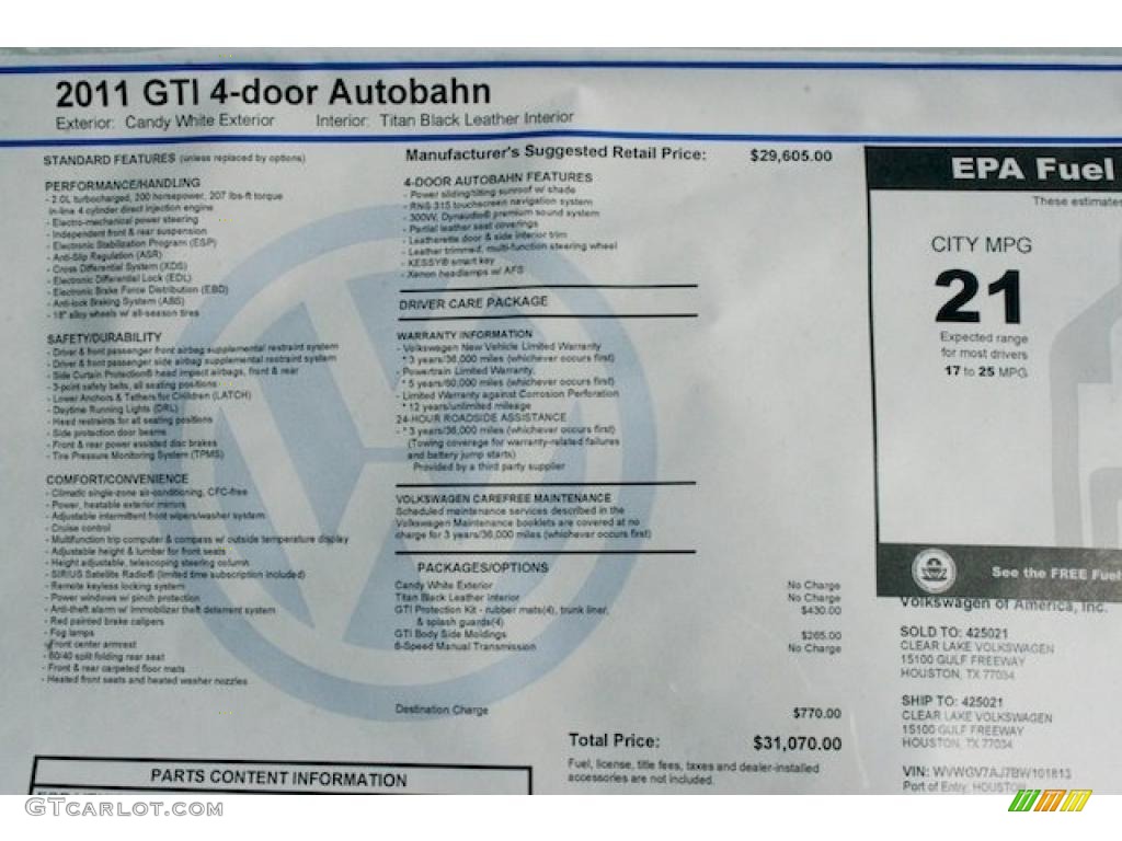 2011 Volkswagen GTI 4 Door Autobahn Edition Window Sticker Photo #40207502