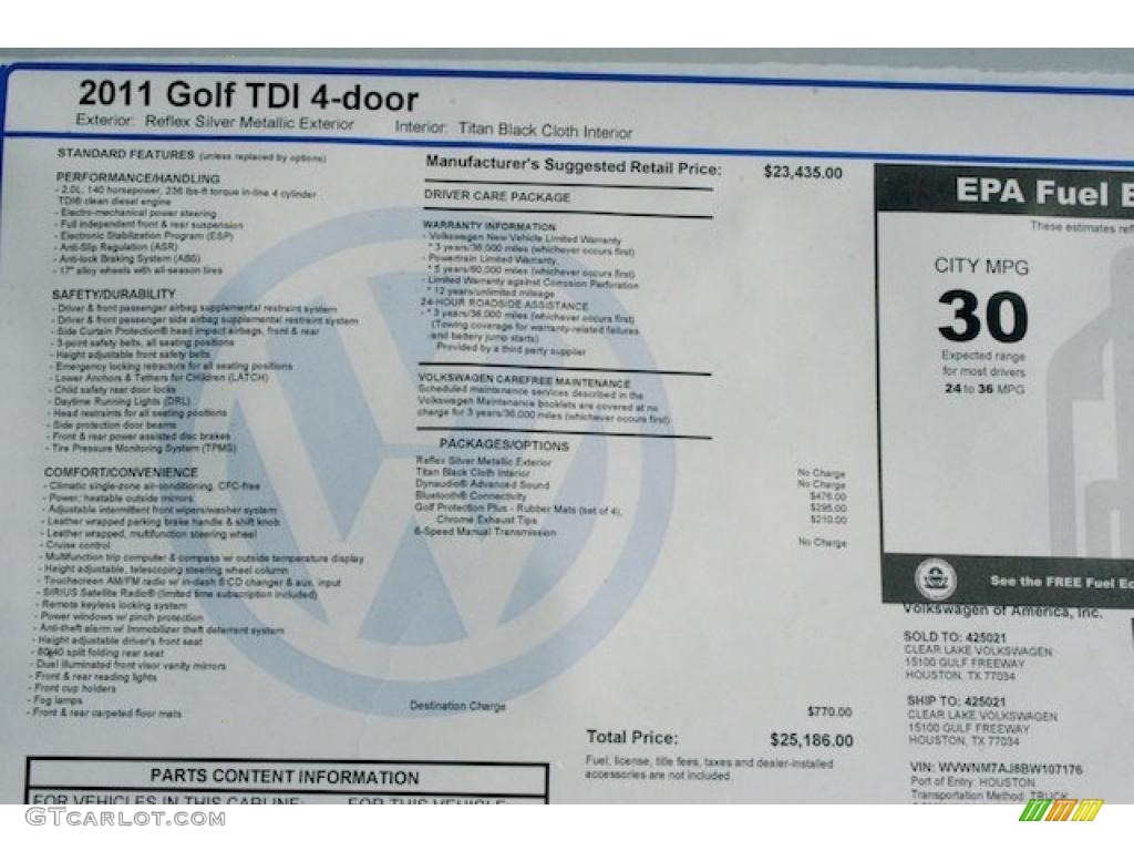 2011 Volkswagen Golf 4 Door TDI Window Sticker Photo #40207908