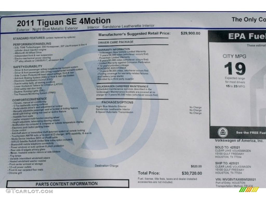 2011 Volkswagen Tiguan SE 4Motion Window Sticker Photo #40208184