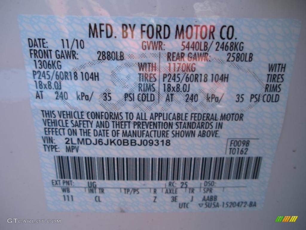 2011 MKX Color Code UG for White Platinum Tri-Coat Photo #40221602