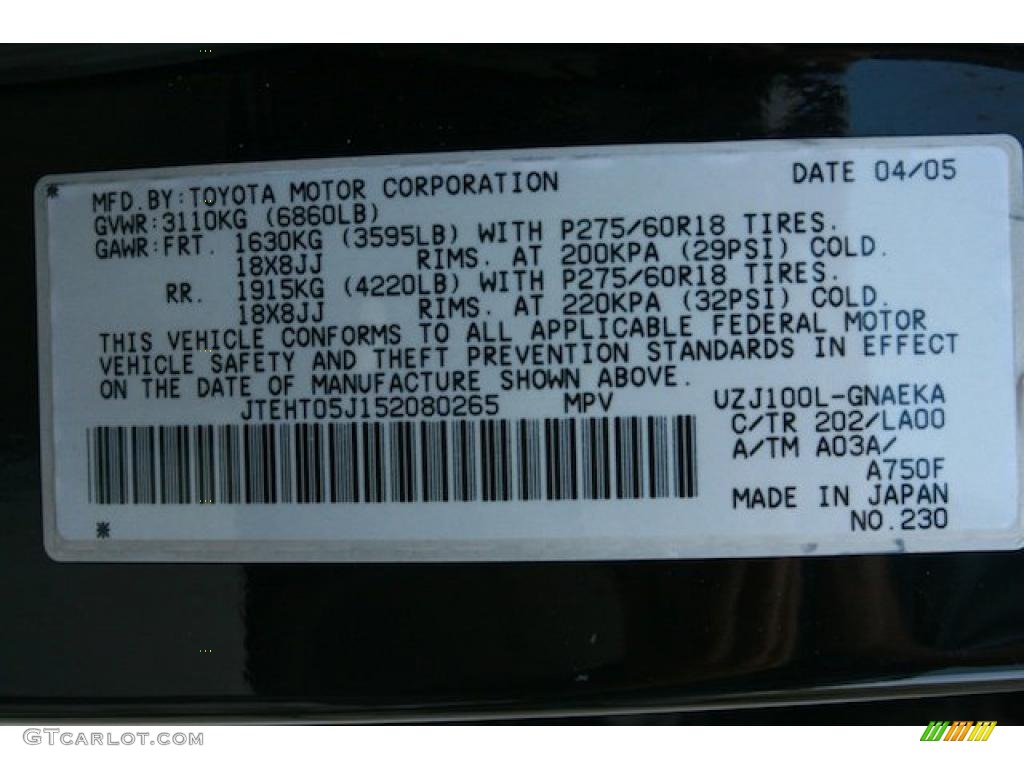 2005 Land Cruiser Color Code 202 for Black Photo #40246486