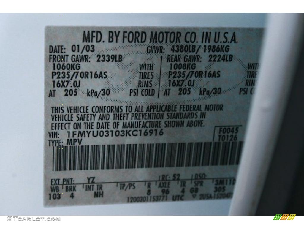 2003 Escape Color Code YZ for Oxford White Photo #40248890