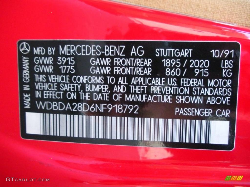 1992 Mercedes-Benz 190 Class 190E 2.3 Info Tag Photo #40267246