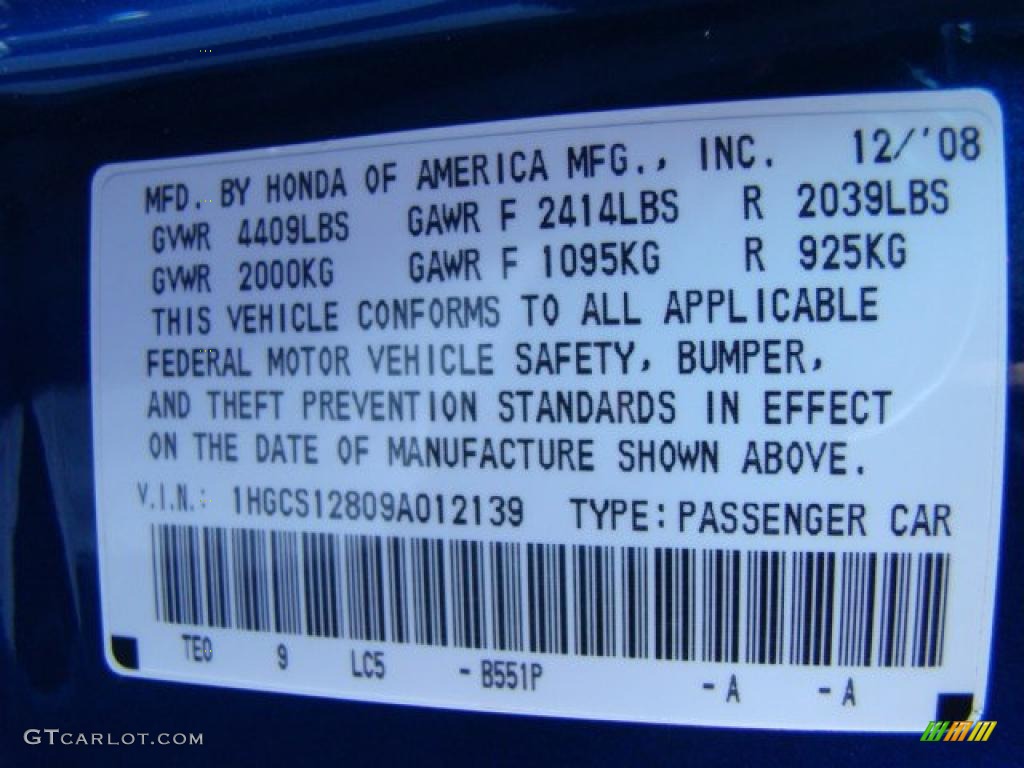 2009 Accord Color Code B551P for Belize Blue Pearl Photo #40273794