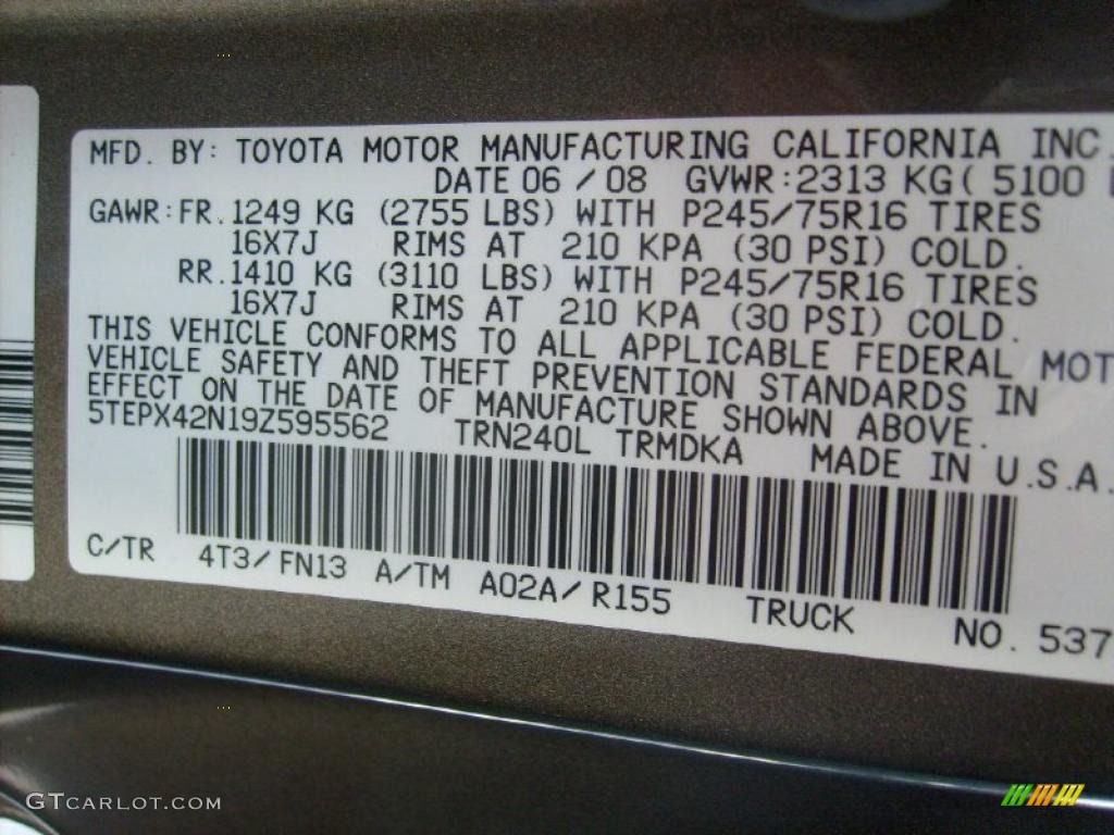 2009 Toyota Tacoma Regular Cab 4x4 Color Code Photos