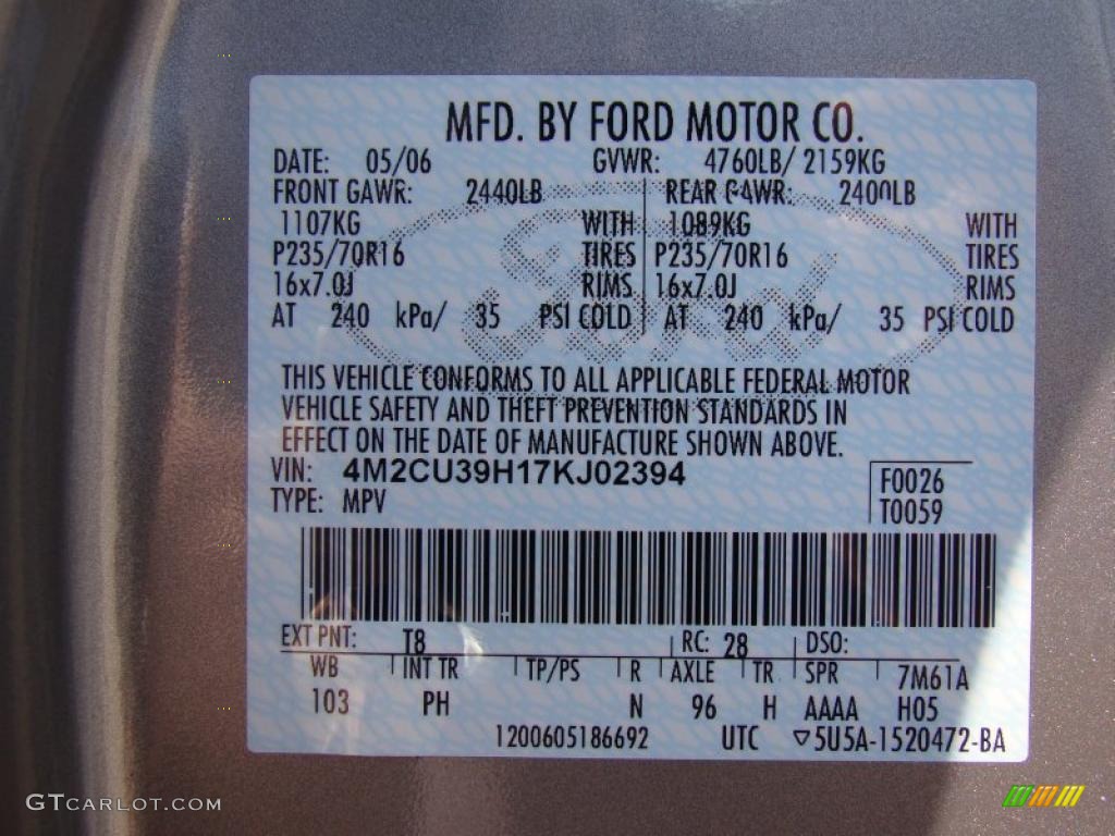 2007 Mariner Color Code T8 for Tungsten Grey Metallic Photo #40316732