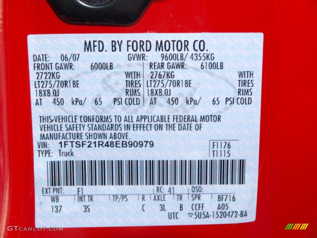 2008 F250 Super Duty Color Code F1 for Red Photo #40321396
