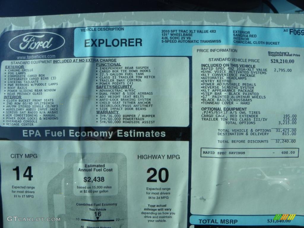 2010 Ford Explorer Sport Trac XLT Window Sticker Photos
