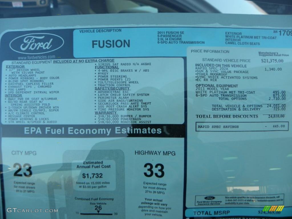 2011 Fusion SE - White Platinum Tri-Coat / Camel photo #8