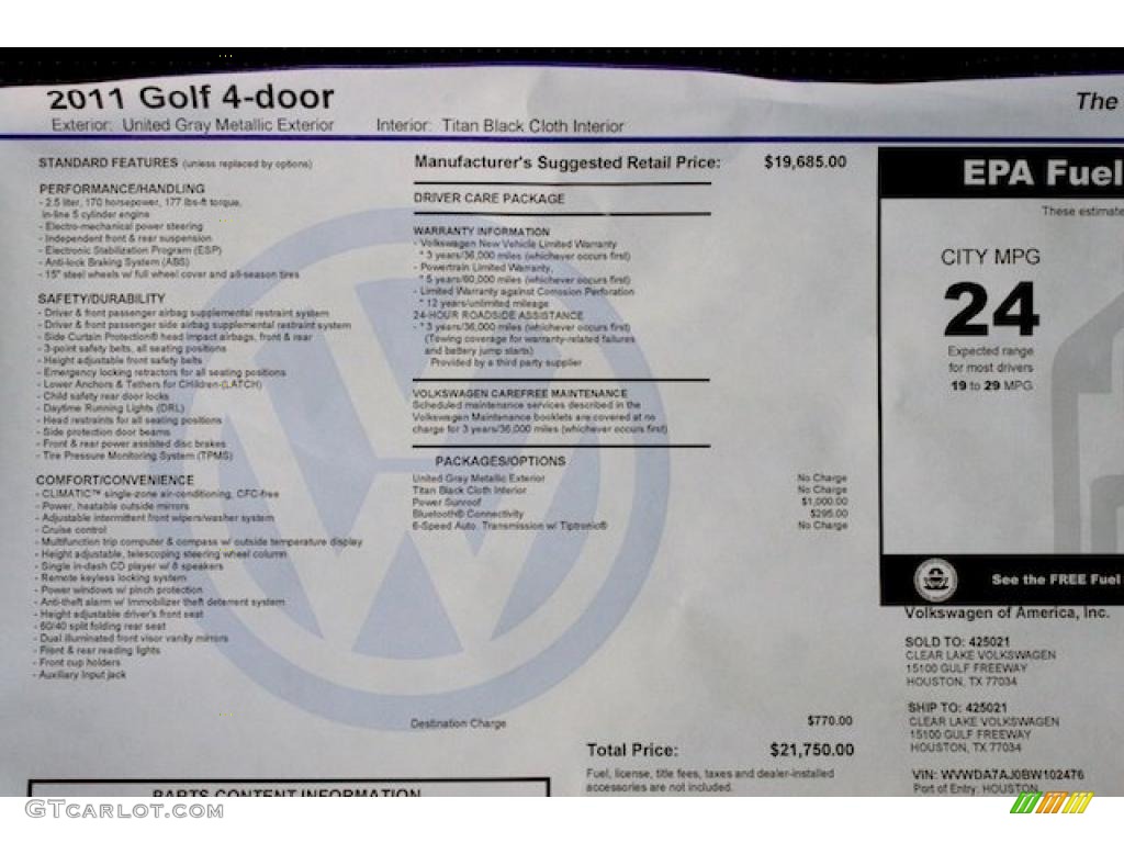 2011 Volkswagen Golf 4 Door Window Sticker Photo #40351586