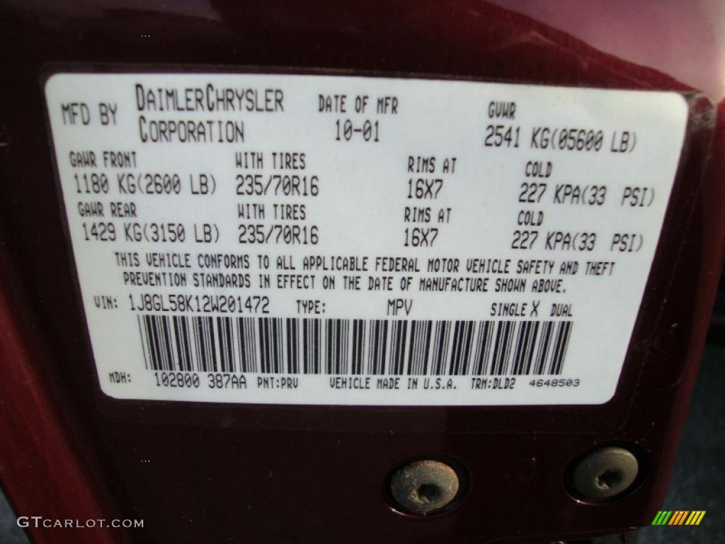 2002 Liberty Color Code PRV for Dark Garnet Red Pearlcoat Photo #40361874