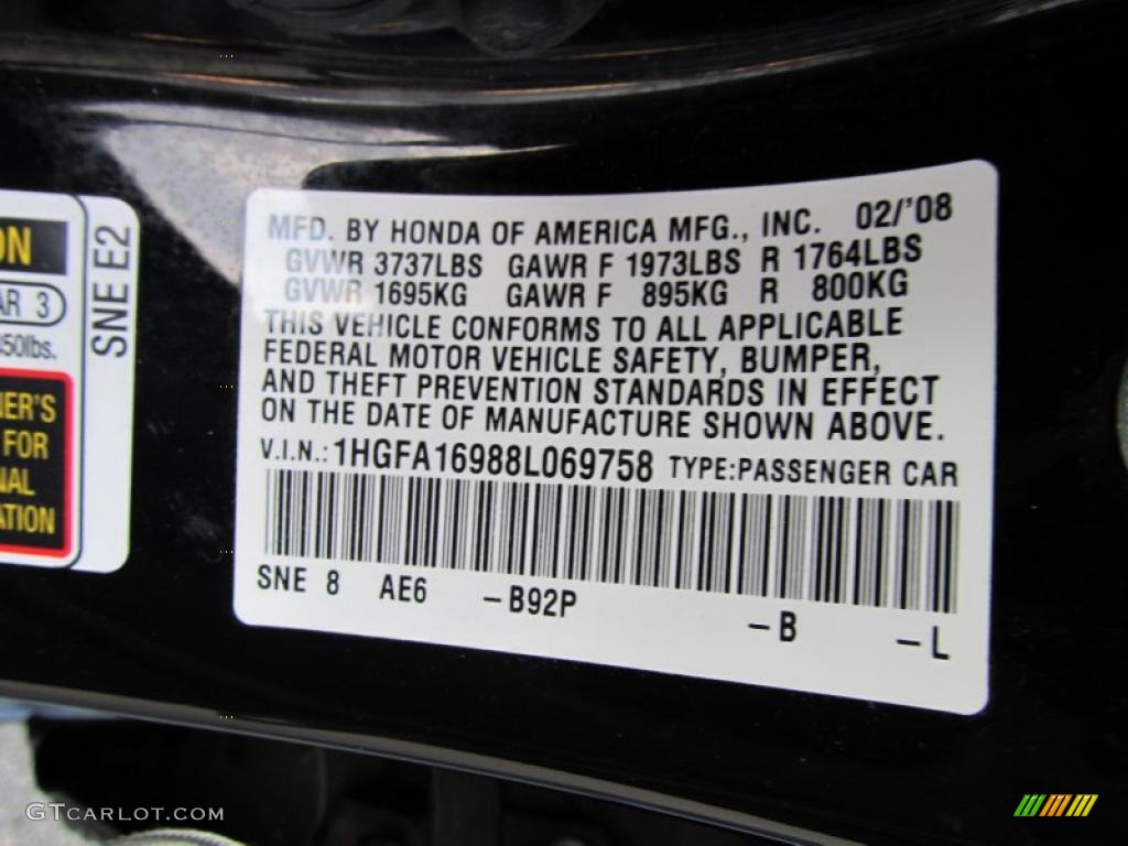 2008 Civic Color Code B92P for Nighthawk Black Pearl Photo #40370057