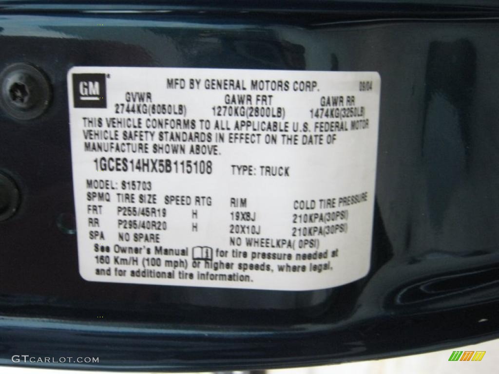 2005 Chevrolet SSR Standard SSR Model Info Tag Photo #40387705