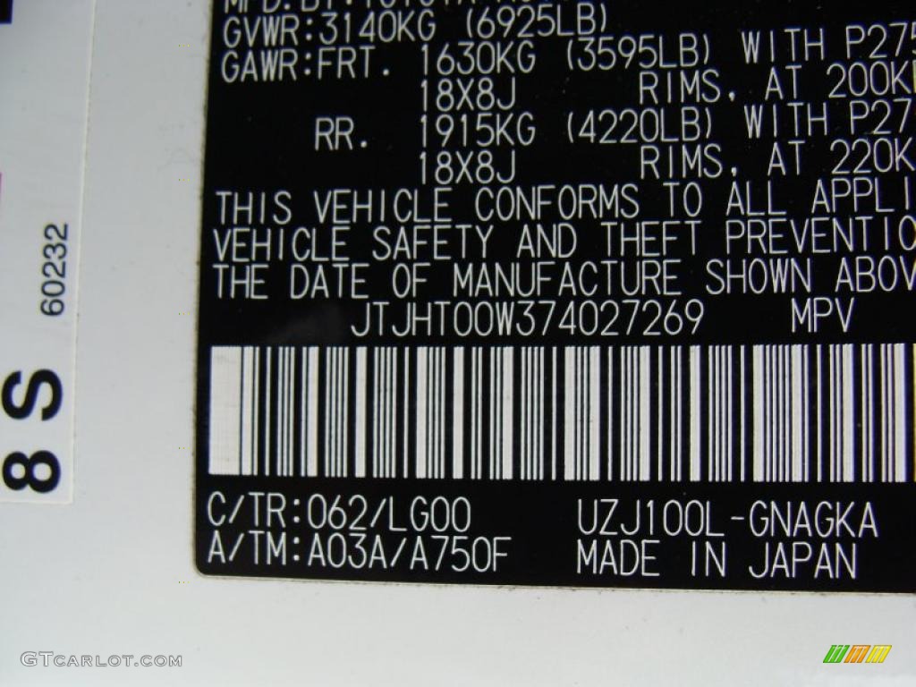 2007 LX Color Code 062 for Crystal White Photo #40418736