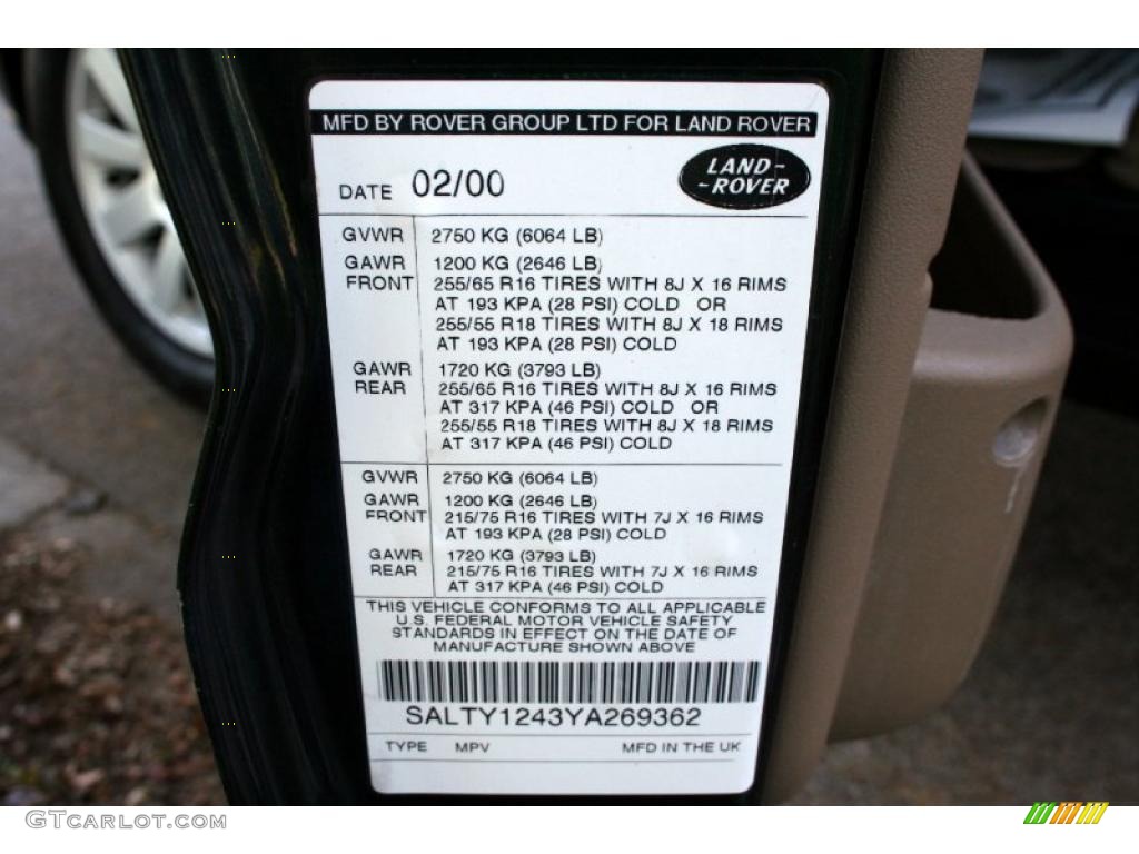 2000 Land Rover Discovery II Standard Discovery II Model Info Tag Photo #40447189