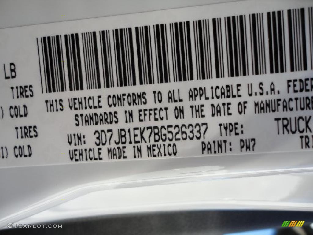2011 Ram 1500 Color Code PW7 for Bright White Photo #40447297