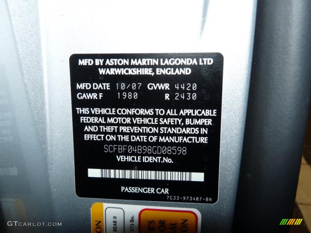 2008 Aston Martin V8 Vantage Roadster Info Tag Photo #40472963