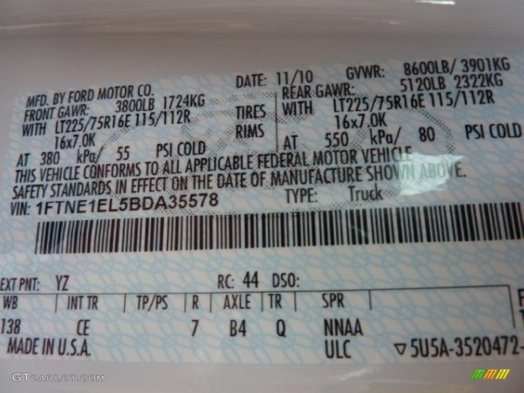 2011 Ford E Series Van E150 XLT Cargo Color Code Photos