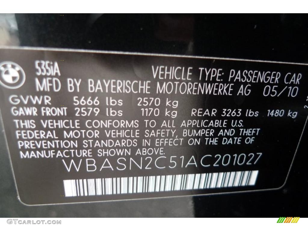 2010 BMW 5 Series 535i Gran Turismo Info Tag Photo #40540897